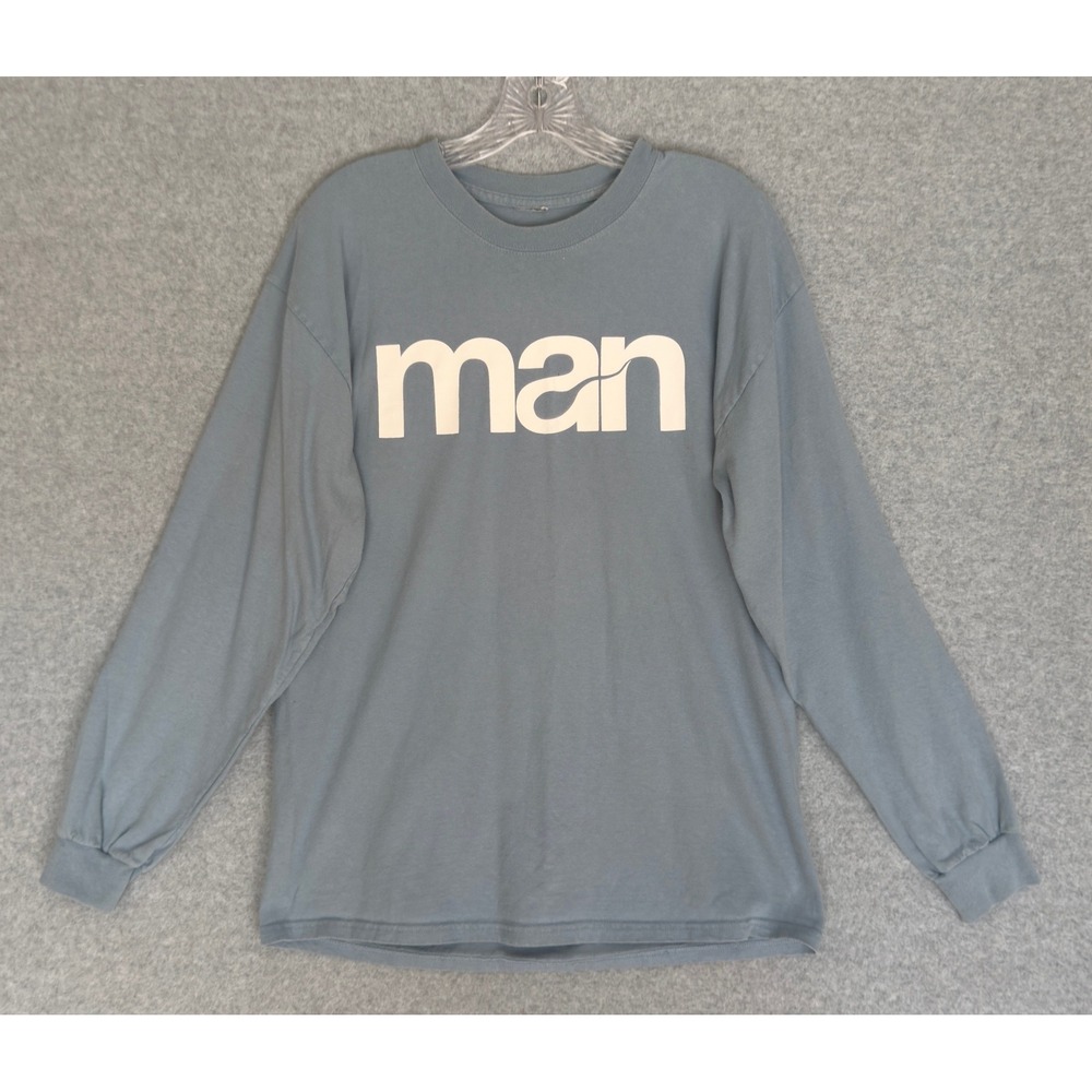 boohooMAN Graphic Man/Human T-Shirt Men Medium Slate Blue Long Sleeve Streetwear
